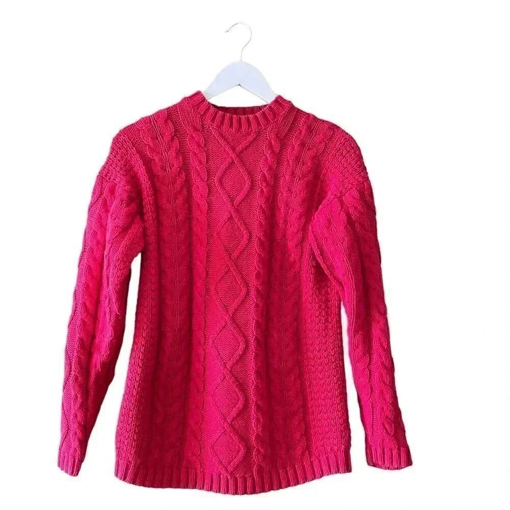 Jennifer Moore Vintage Cotton Red Cable Knit Shoulder Pads Y2K Cozy Sweater SZ M